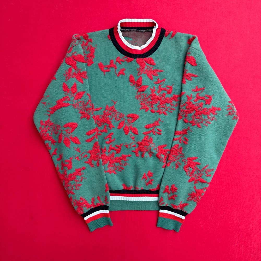 Vintage Green Red Floral Jacquard Crewneck Sweater Striped Trim Retro Knit